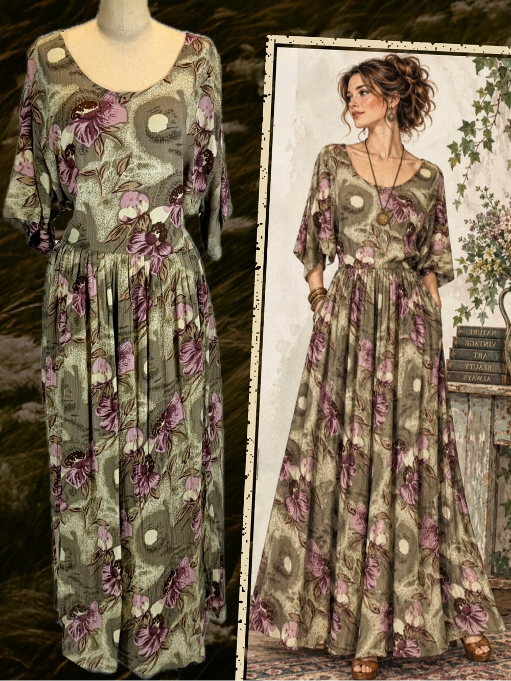VINTAGE 90s botanical Iris earthy flower garden long maxi dress short sleeve XL